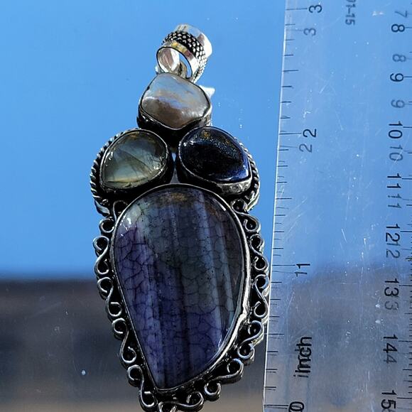 Sterling Silver Pendant Agate, Lapis Lazuli, Moonstone, & Pearl w/20-Inch Chain - Picture 4 of 10